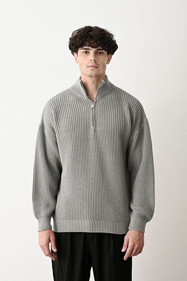 Fermuarlı Gri Dik Yaka Basic Oversize Kazak - 1