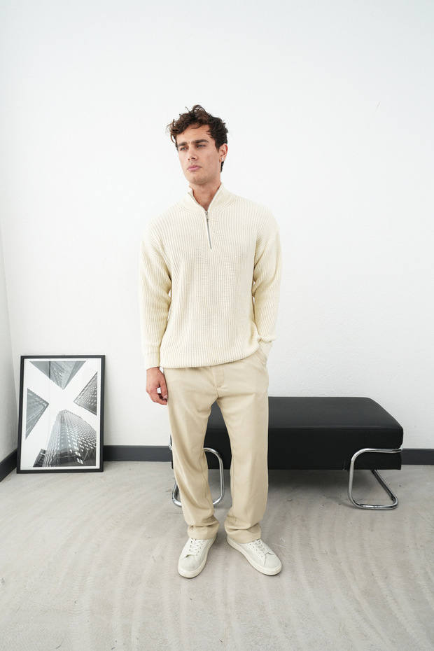 Fermuarlı Krem Dik Yaka Basic Oversize Kazak - 6