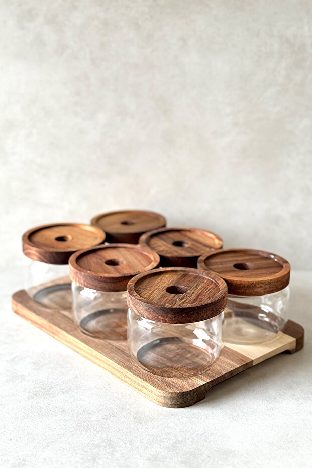 Round Acacia Vacuum Lid Breakfast Set with 6 Stands (Borosilikat Glass) Dkrz-687, One Size