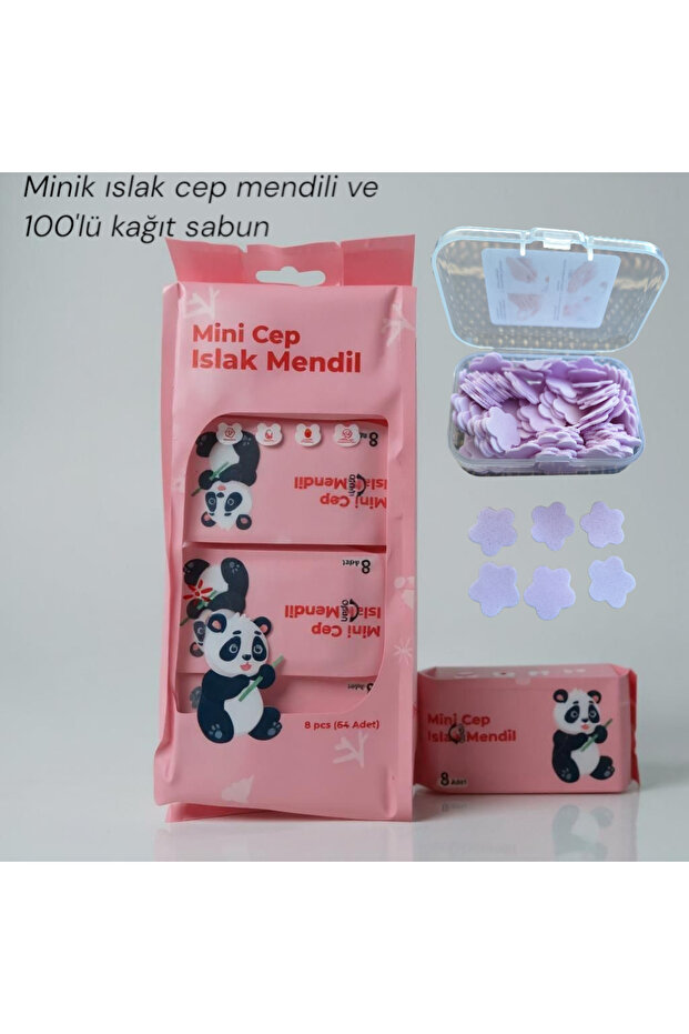 1 paket Mini Islak Cep Mendili 1 paket Mini cep mendili ve 100'lü minik kağıt sabun 3 lü set - 1