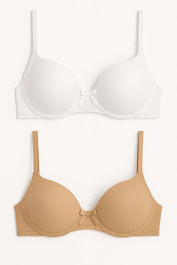 Padded Underwire Bow Bra Set of 2, White, Nude – Stylish and Comfortable
