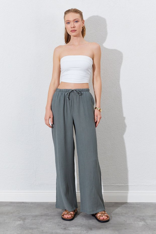 Elastic Waist Palazzo Modal Trousers - Khaki | Ek100661832