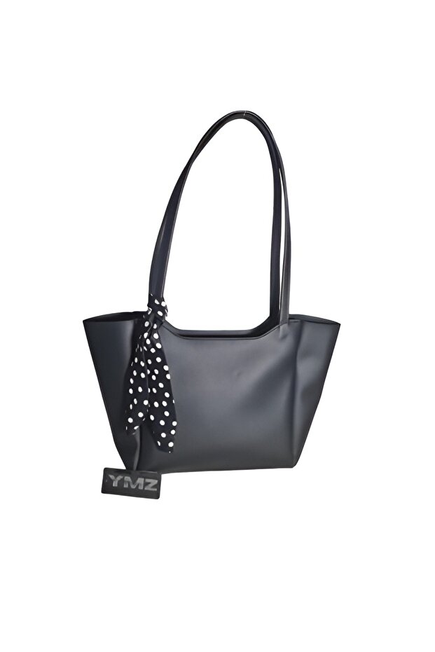 Black Women's Polka Dot Scarf Shopper Hand and Shoulder Bag with Zipper and Snap Closure