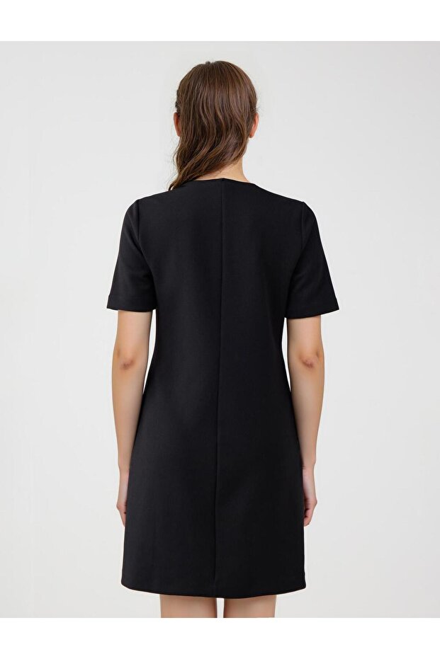Siyah V Yaka Dirsek Kol Örme Mini Elbise - 5