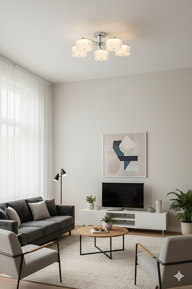 Mercan 5 Li Şeker Camlı Plafonyer Led Avize 3 Renk Işık Modlu (Beyaz / Sarı / Gün Işığı) - 5