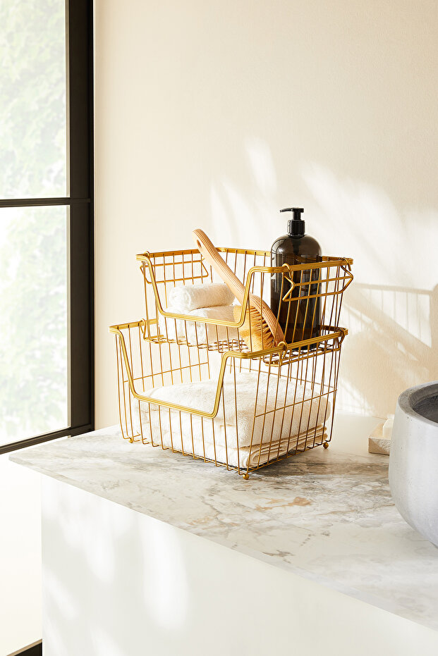 Set of 2 Gold Color Metal Baskets 32 X 22 X 16 / 33 X 27 X 20 cm