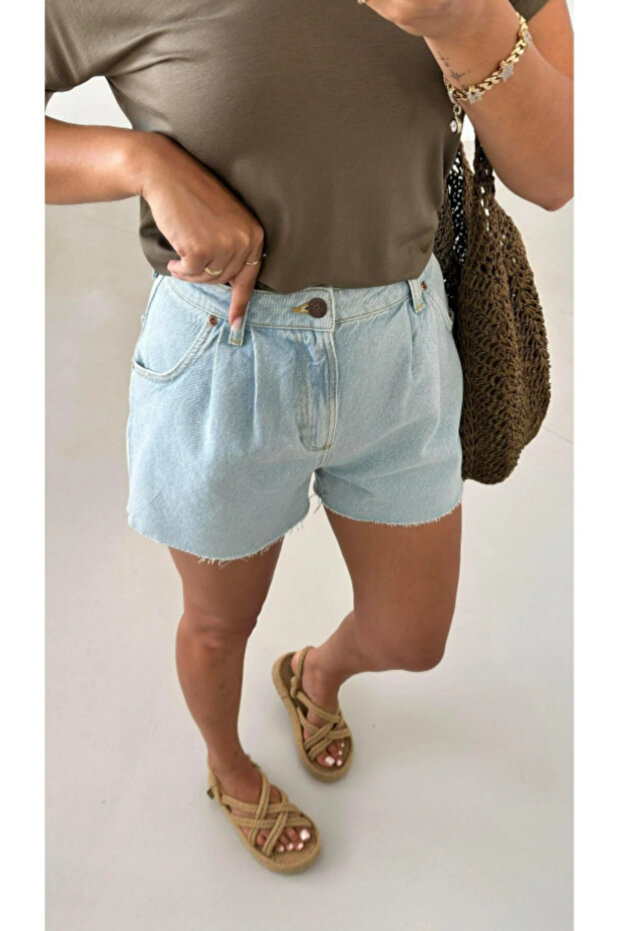 Premium Seri Piliseli Mavi Denim Şort - 6