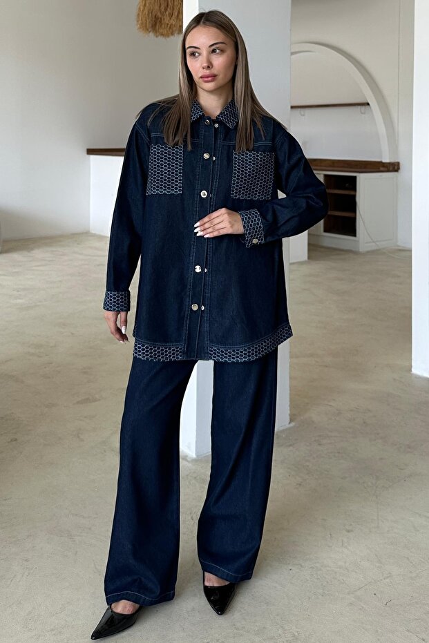 Garni Detailed Tunic Trousers Denim Suit Dark Blue 9376-Tk