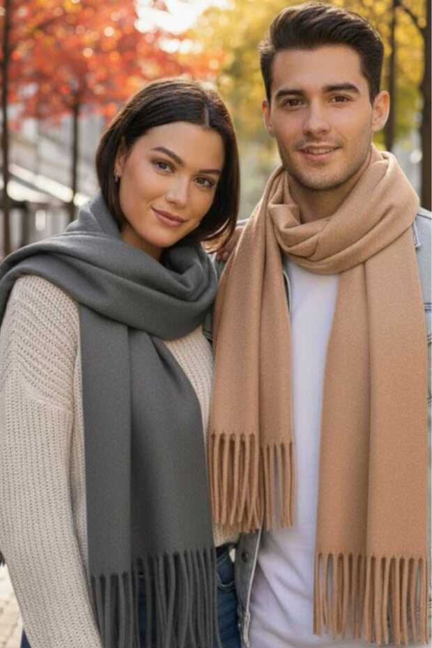 Unisex Soft Textured Tasseled Winter Boucle Scarf Shawl Set of 2