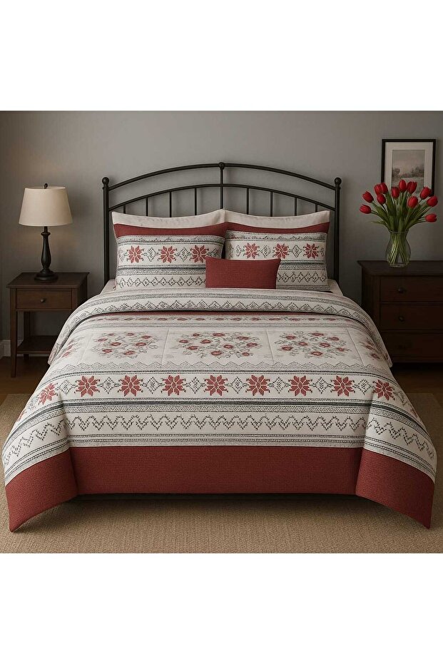 Çift kişilik kırmızı desenli çok şık nevresim takımı - 4