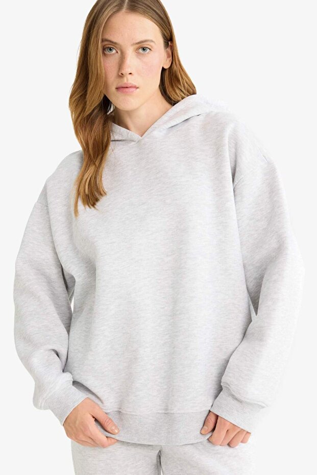 Relax Fit Kapüşonlu Basic Düz Kalın Sweatshirt D9935AX25WN - 1
