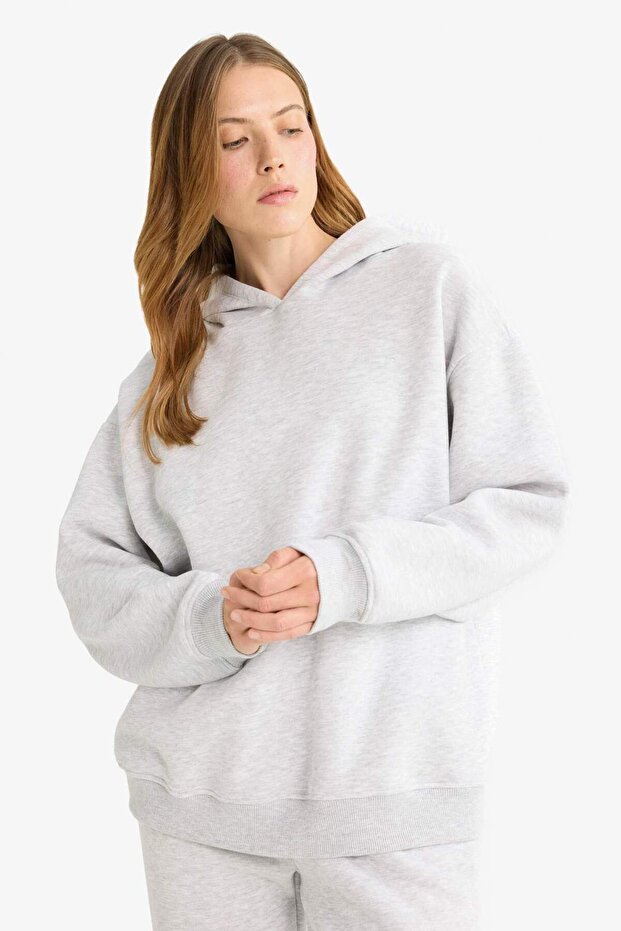 Relax Fit Kapüşonlu Basic Düz Kalın Sweatshirt D9935AX25WN - 3