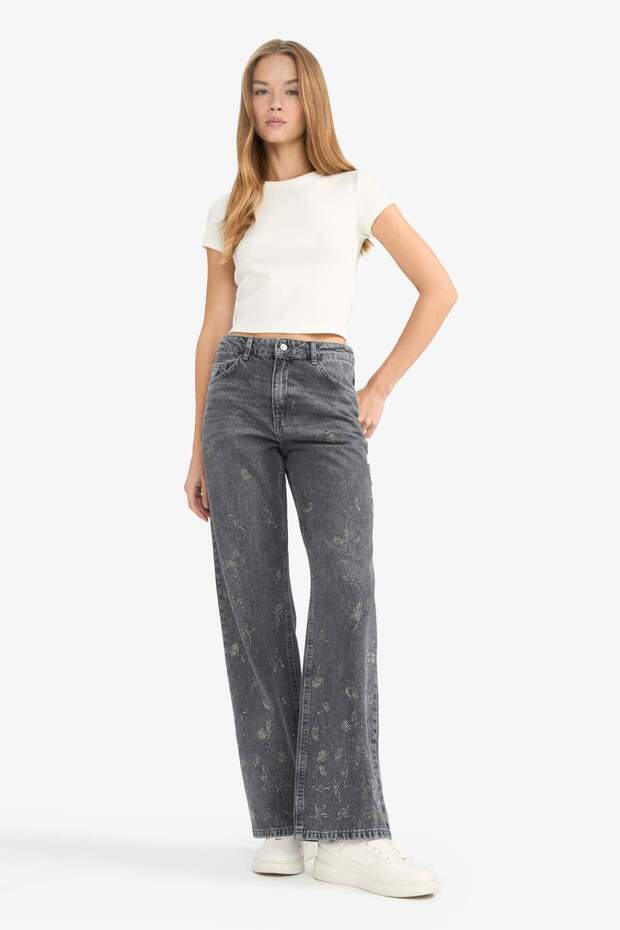 Straight Wide Yüksek Bel Uzun Jean Yıkamalı Pantolon G0925AX25WN - 1