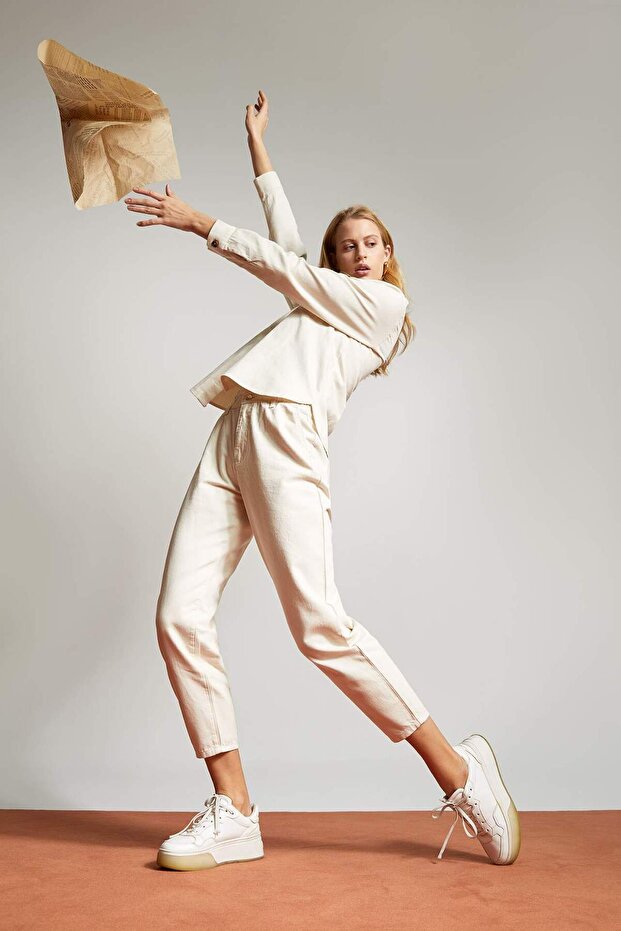 Paperbag Yüksek Bel Dokuma %100 Pamuk Pantolon S2790AZ22SP - 1