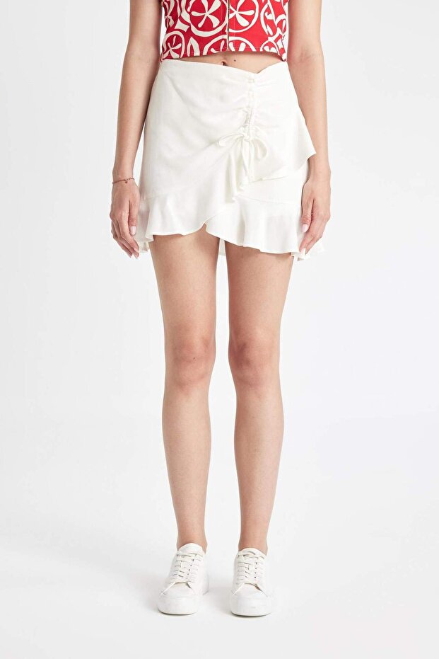 Volanlı Basic Düz Keten Mini Etek C8847AX24SM - 4