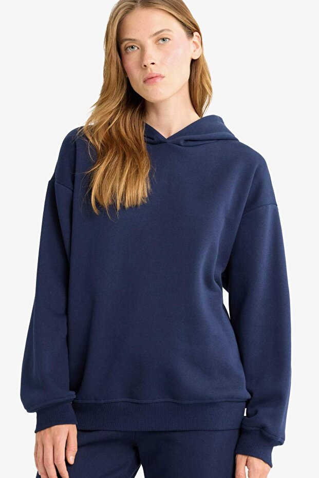 Relax Fit Kapüşonlu Basic Düz Kalın Sweatshirt D9935AX25WN - 1