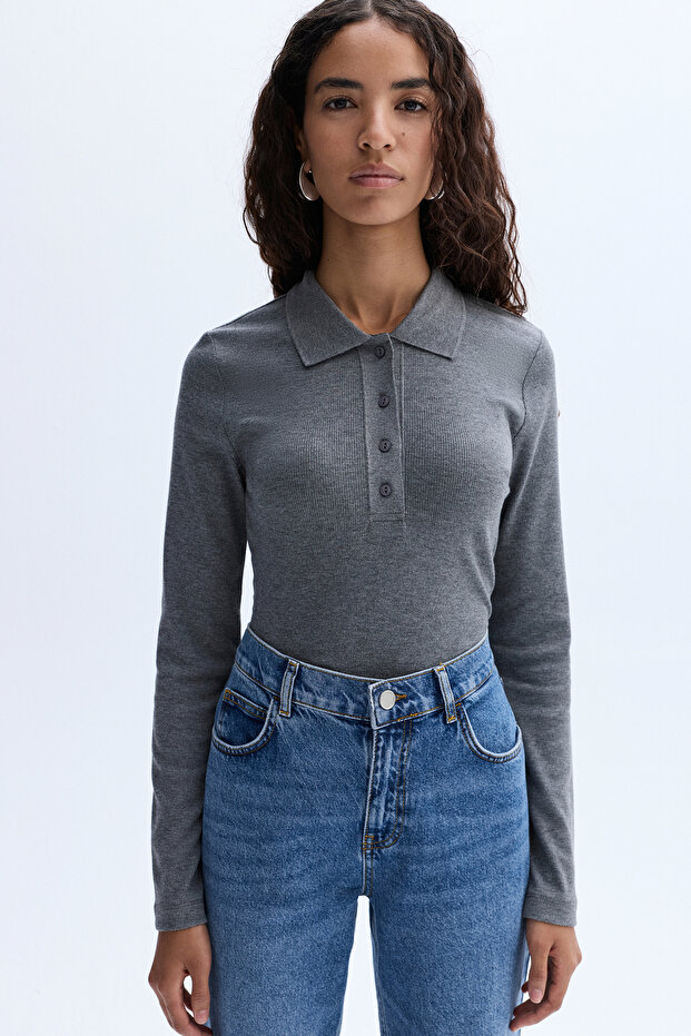 Women's Anthracite Melange Fitted Long Sleeve Blouse