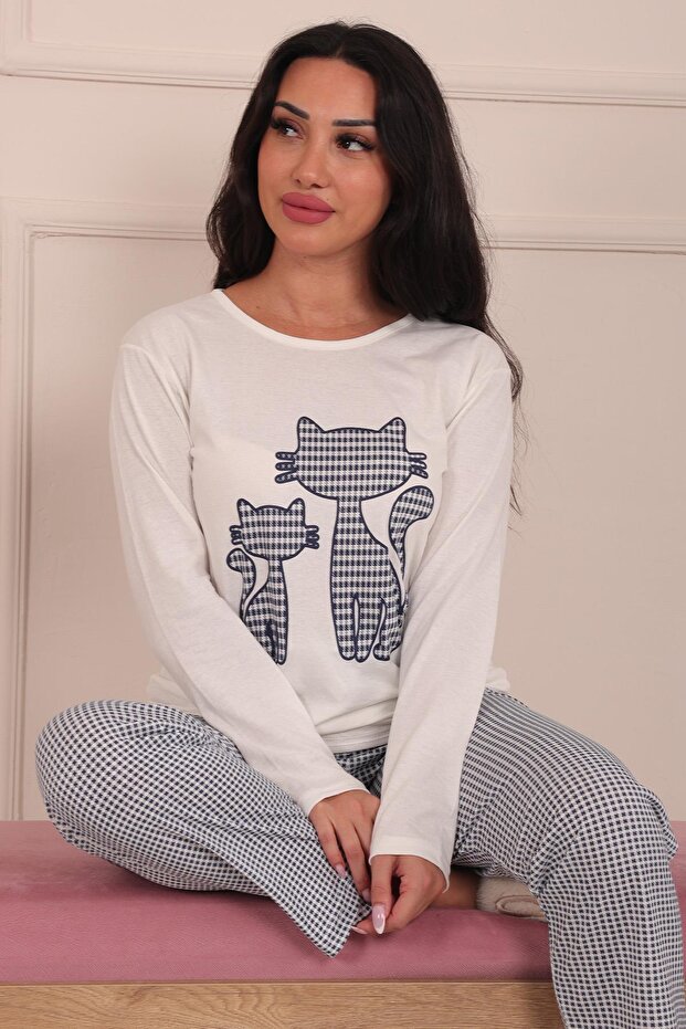 Cat Patterned Pajama Set White - 2