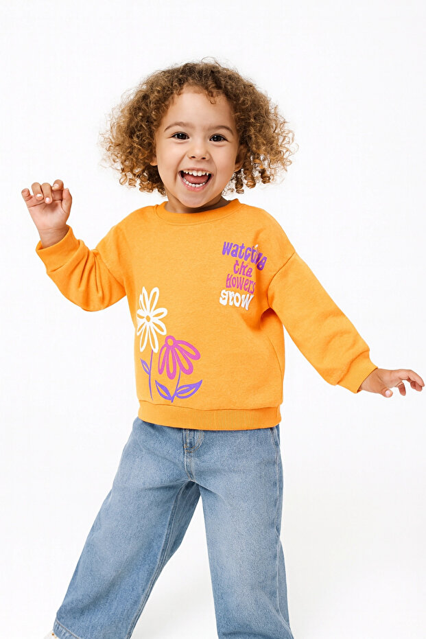 Girls' Sweatshirt Orange Long Sleeve Children's Sweatshirt with Letter and Floral Pattern