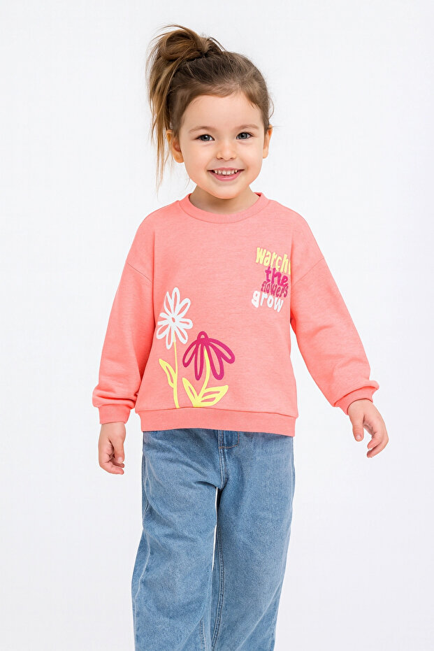 Divonette Kız Çocuk Sweatshirt Pembe Uzun Kollu Yazı ve Çiçek Desenli Çocuk Sweat