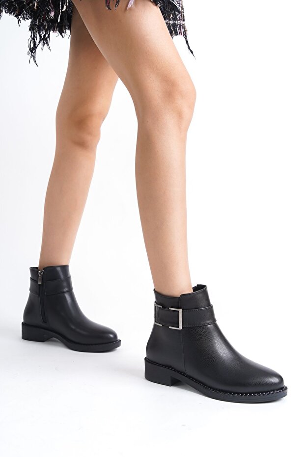Black Side Buckle Zippered Leather Look Short Classic Women's Bootie