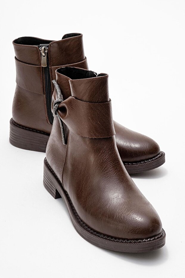 Yan Ribbon Stone Buckle Boots Brown Leather
