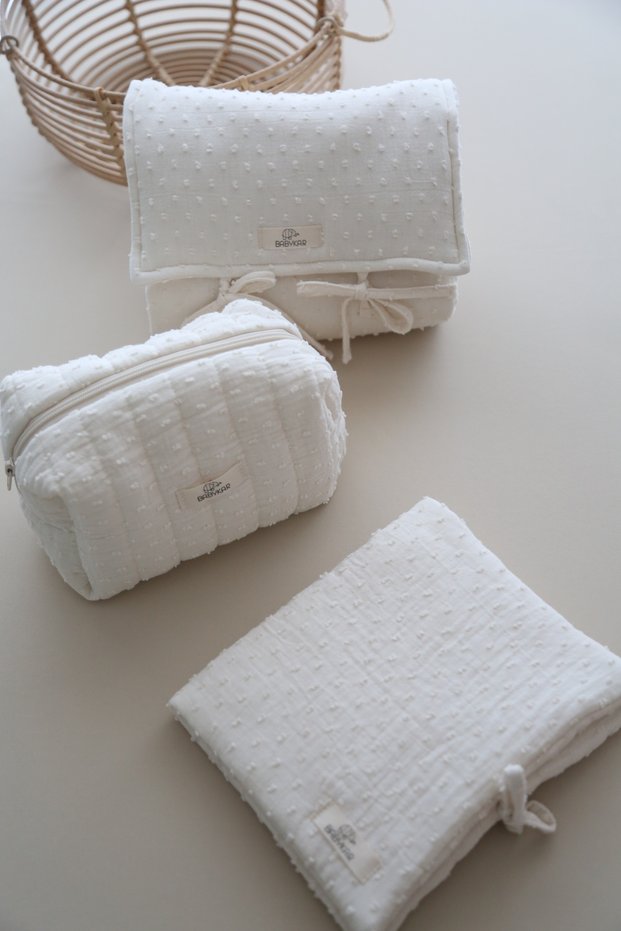 Diaper Changing Mat, Care Bag and Cloth Bag Set with Pom Poms Muslin Ecru