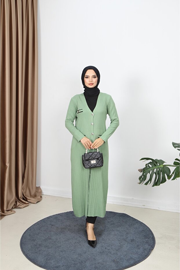 Cep Detaylı Merserize Uzun Hırka - 1