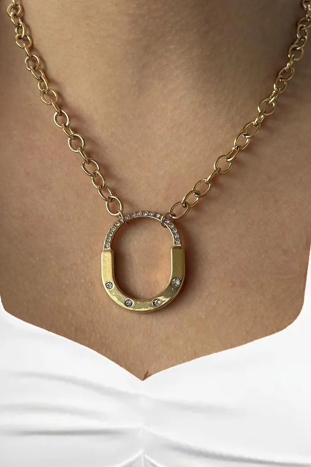 Gold Color Lock Figured Chain Detailed Steel Necklace