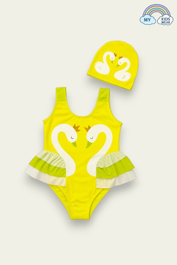 Elegant Swan Print Three Layers Ruffle Detailed Boned Girls' Swimsuit