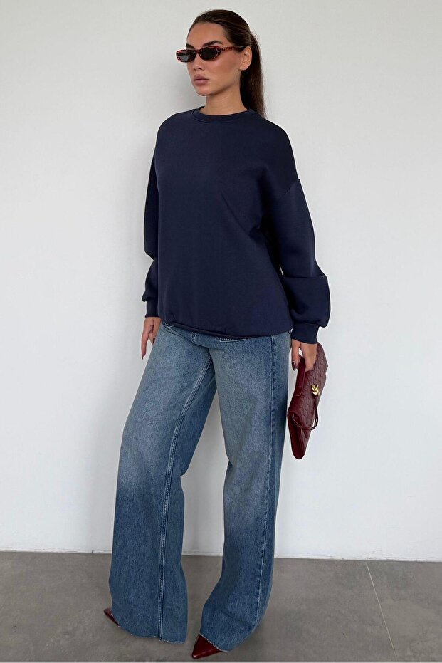 Lacivert Bisiklet Yaka Basic Sweatshirt MG1559 - 1