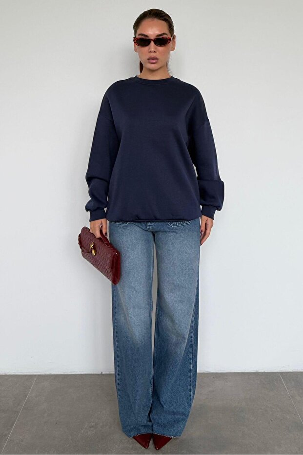 Lacivert Bisiklet Yaka Basic Sweatshirt MG1559 - 6