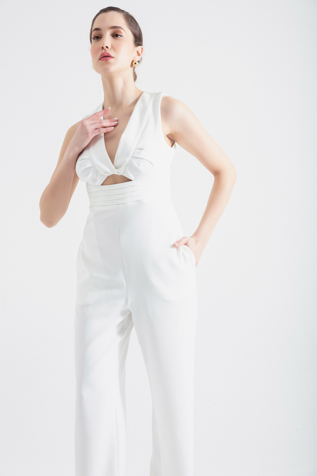 Kadın Beyaz Bel Dekolteli Tulum - 3