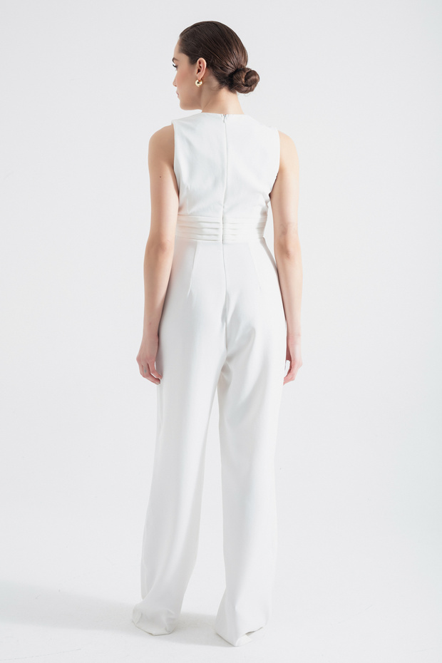 Kadın Beyaz Bel Dekolteli Tulum - 6