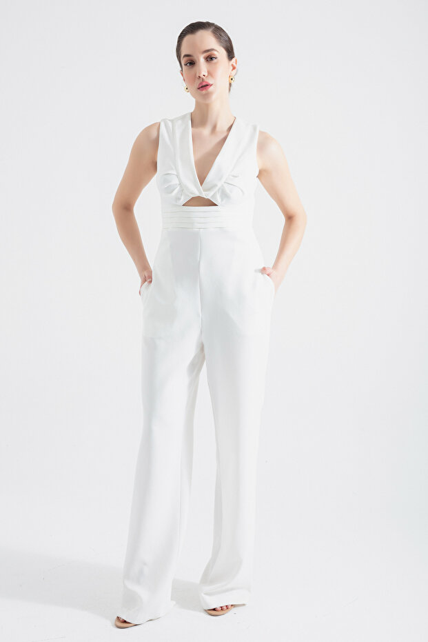 Kadın Beyaz Bel Dekolteli Tulum - 1