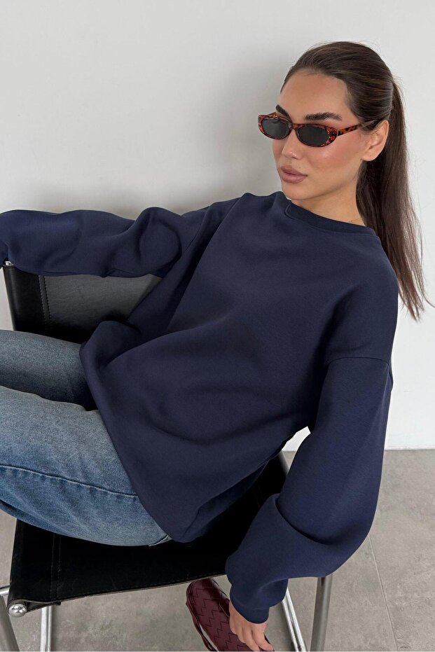 Lacivert Bisiklet Yaka Basic Sweatshirt MG1559 - 8