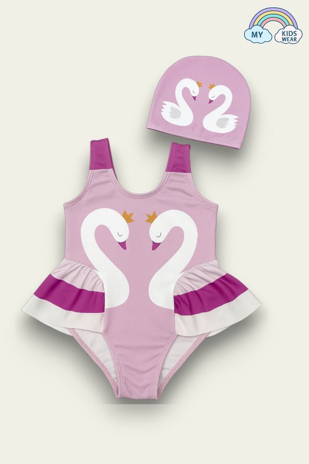 Elegant Swan Print Three Layers Ruffle Detailed Boned Girls' Swimsuit