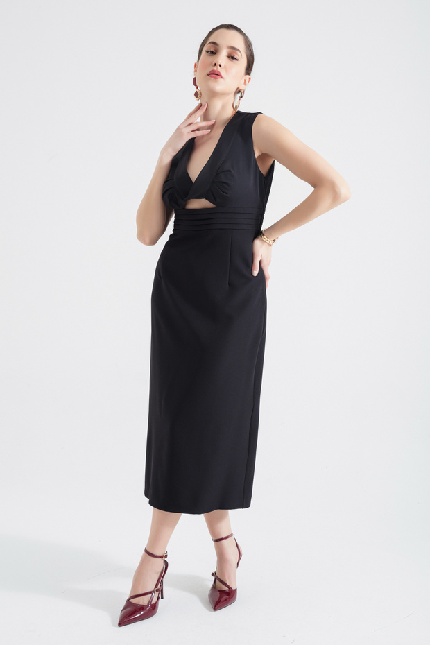Women's Black V-Neck Low-Cut Midi Dress