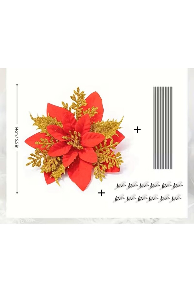 6 Adet Yapay Kırmızı Atatürk Çiçeği Bitki Türü, Plastik Malzeme, Noel Çelengi Klipsi, Saplı - 5