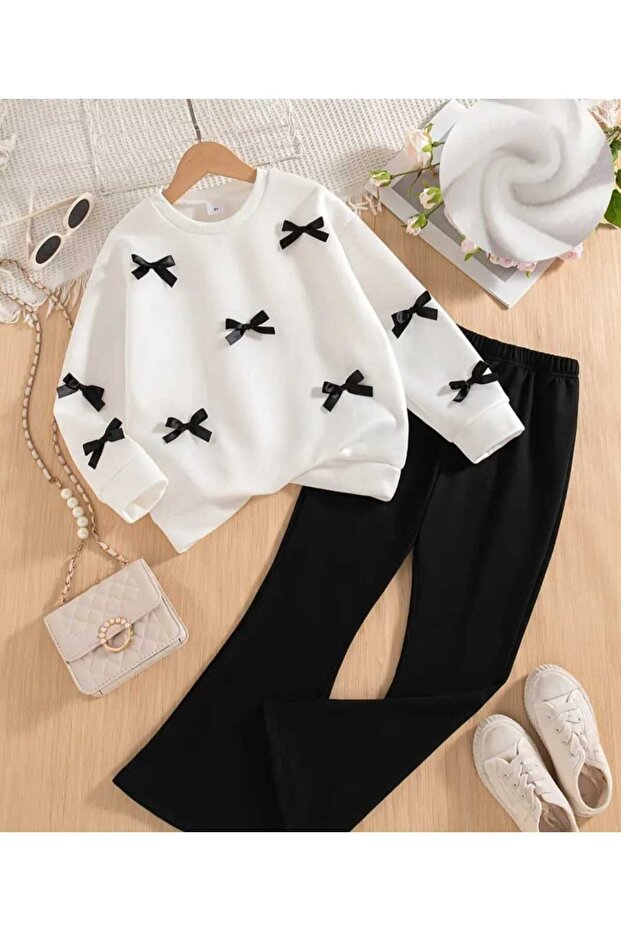 Bow Detailed Leggings Top and Bottom Girl Set