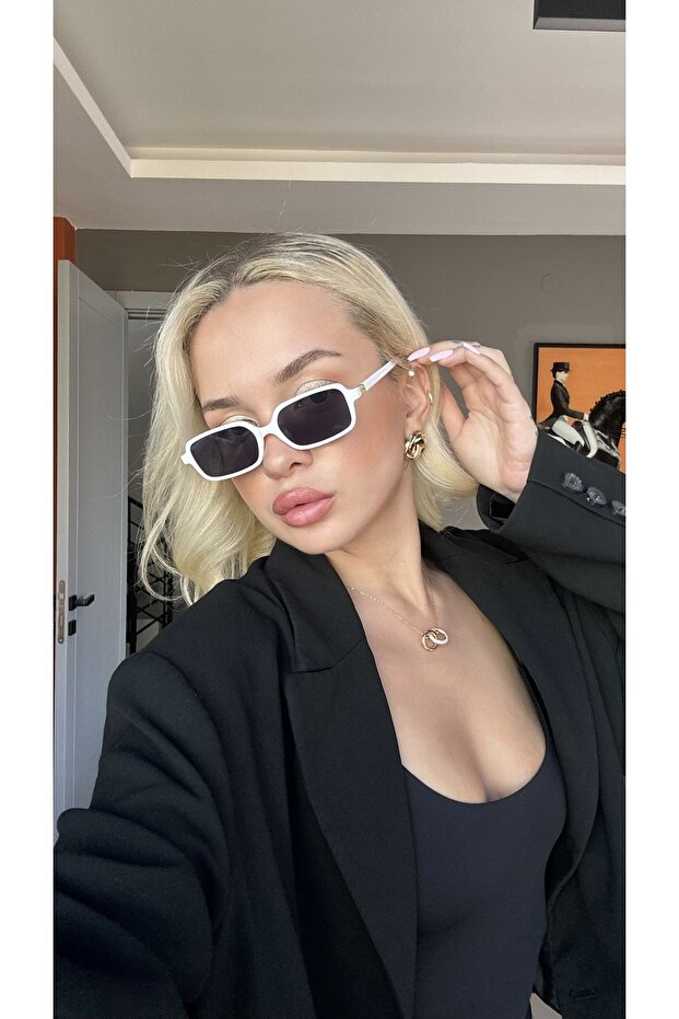 Black Glass Sunglasses with White Frame and Gold Detail