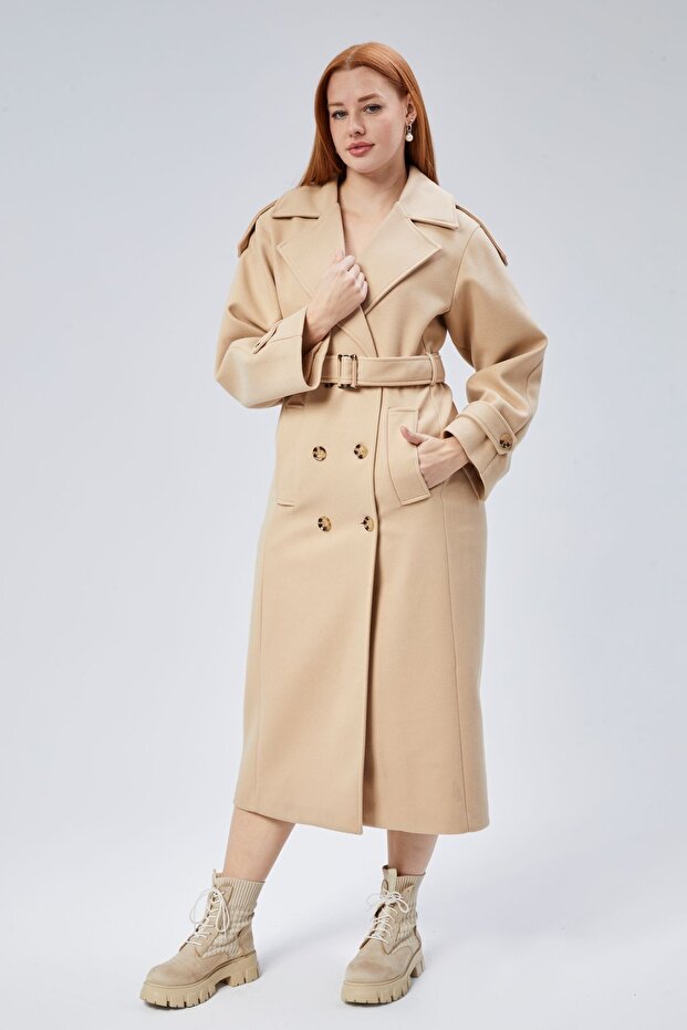 Camel Regular Epaulet Detailed Double-Breasted Cashmere Coat
