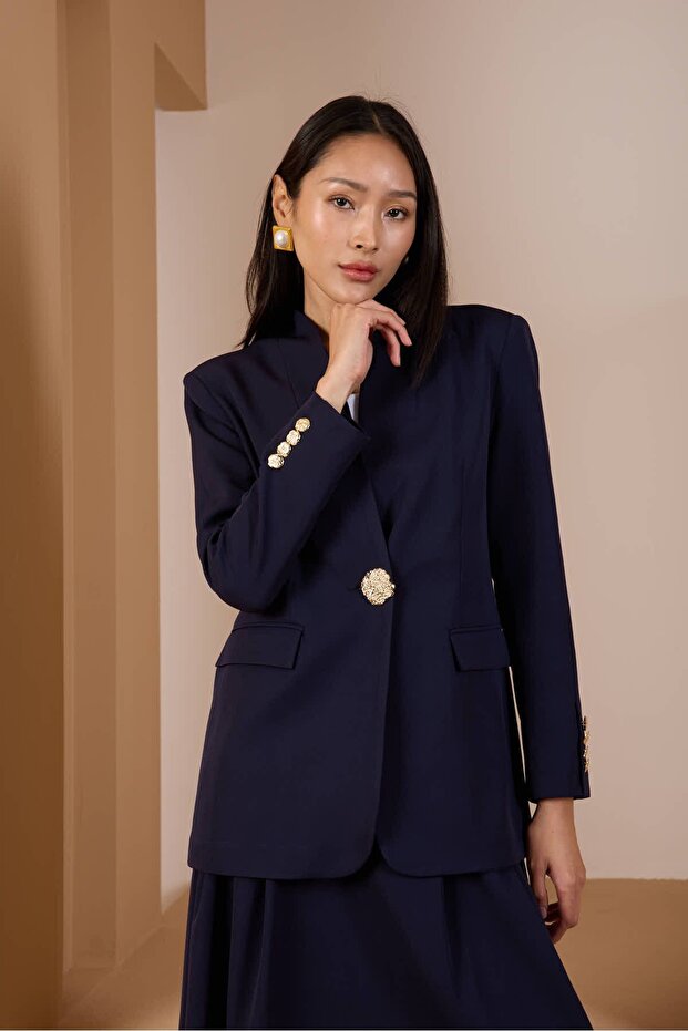 Navy Blue Loose Cut Button Detailed Woven Blazer Jacket