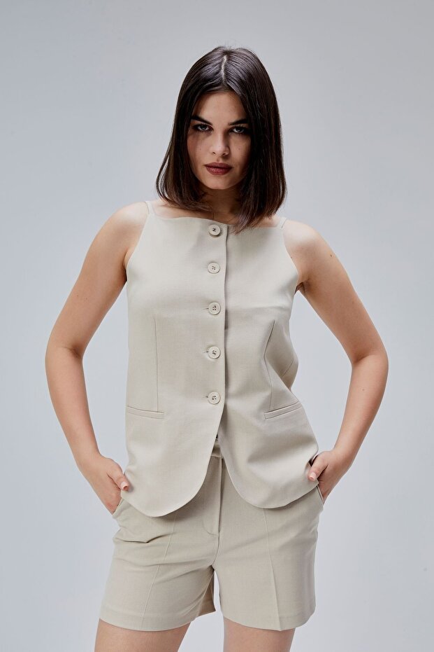 Açık Bej Regular Cepli Dokuma Şort - 2