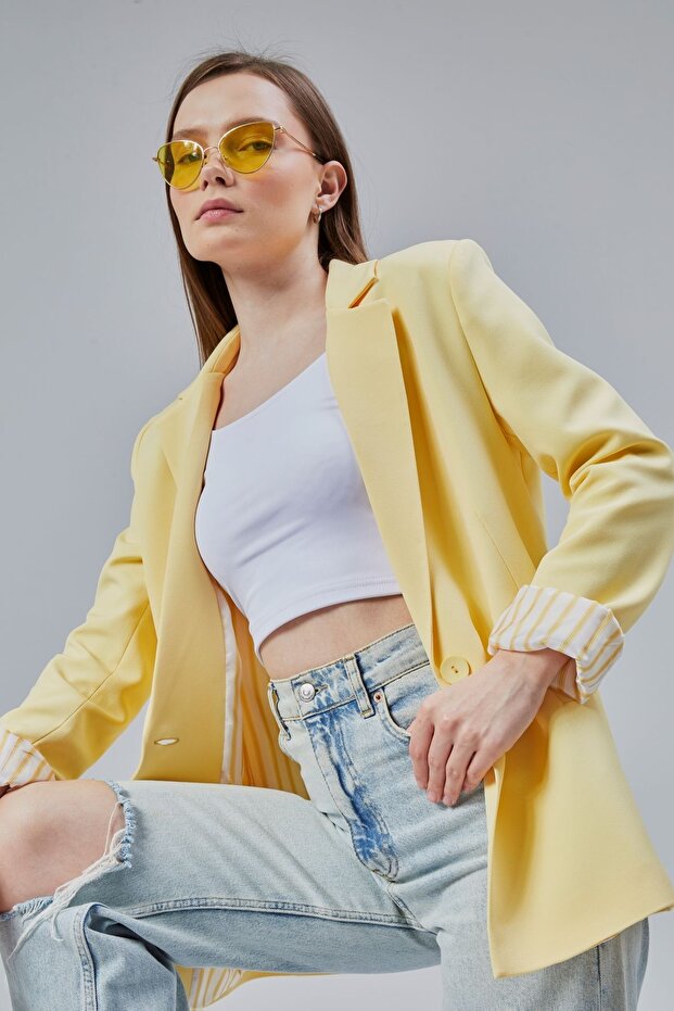 Yellow Double-Breasted Collar Sleeve Fold Detail Regular Padded Shoulders Blazer Jacket