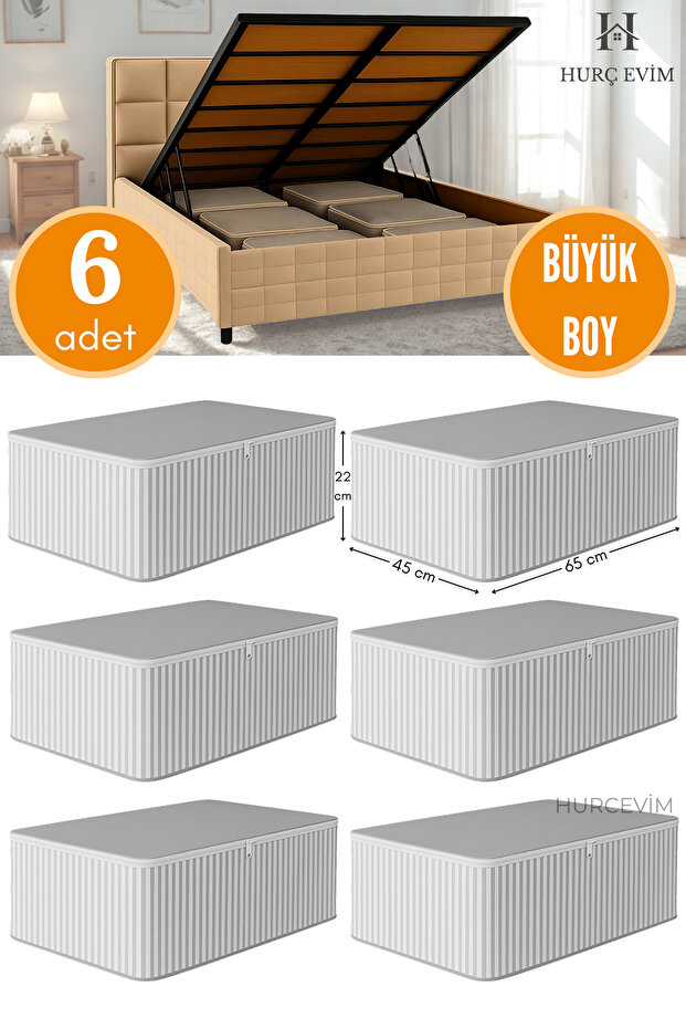 6 darab - Antracit csíkos nagyméretű tárolókészlet - Ágy alatti és kanapéágy típusú rendszerező - 65 x 45 x 22 cm - 1