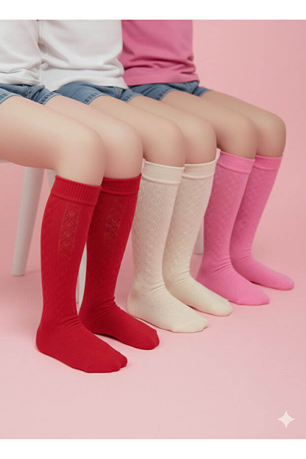 Girl's Knee-High Socks Self-Patterned Cotton Breathable Anti-Sweat 3-Pack
