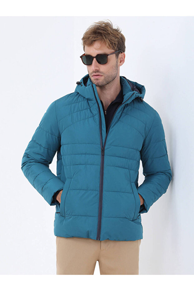 Petrol Regular Fit Kapüşonlu Casual Dokuma Mont - 4