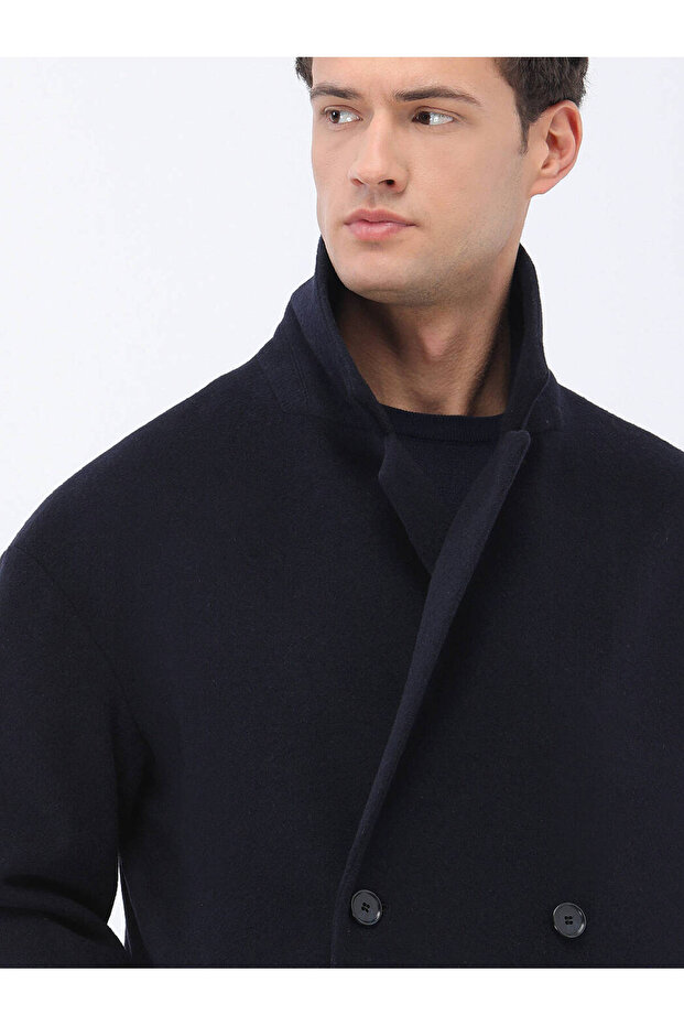 Lacivert Regular Fit Kruvaze Yaka Casual Örme Palto - 3