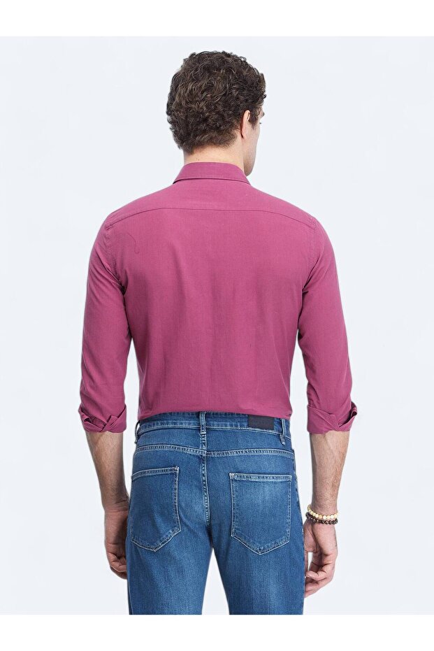 Mürdüm Düz Regular Fit Dokuma Casual %100 Pamuk Gömlek - 5